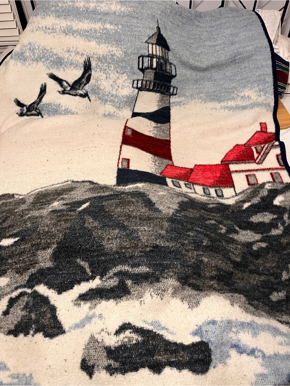 Biederlack Lighthouse Throw Blanket Reversible 53x71 Nautical USA Vintage Beach